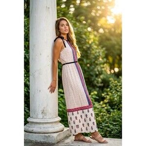English Factory Cream Midi Dress with Pink and Navy Trim and Black Accents